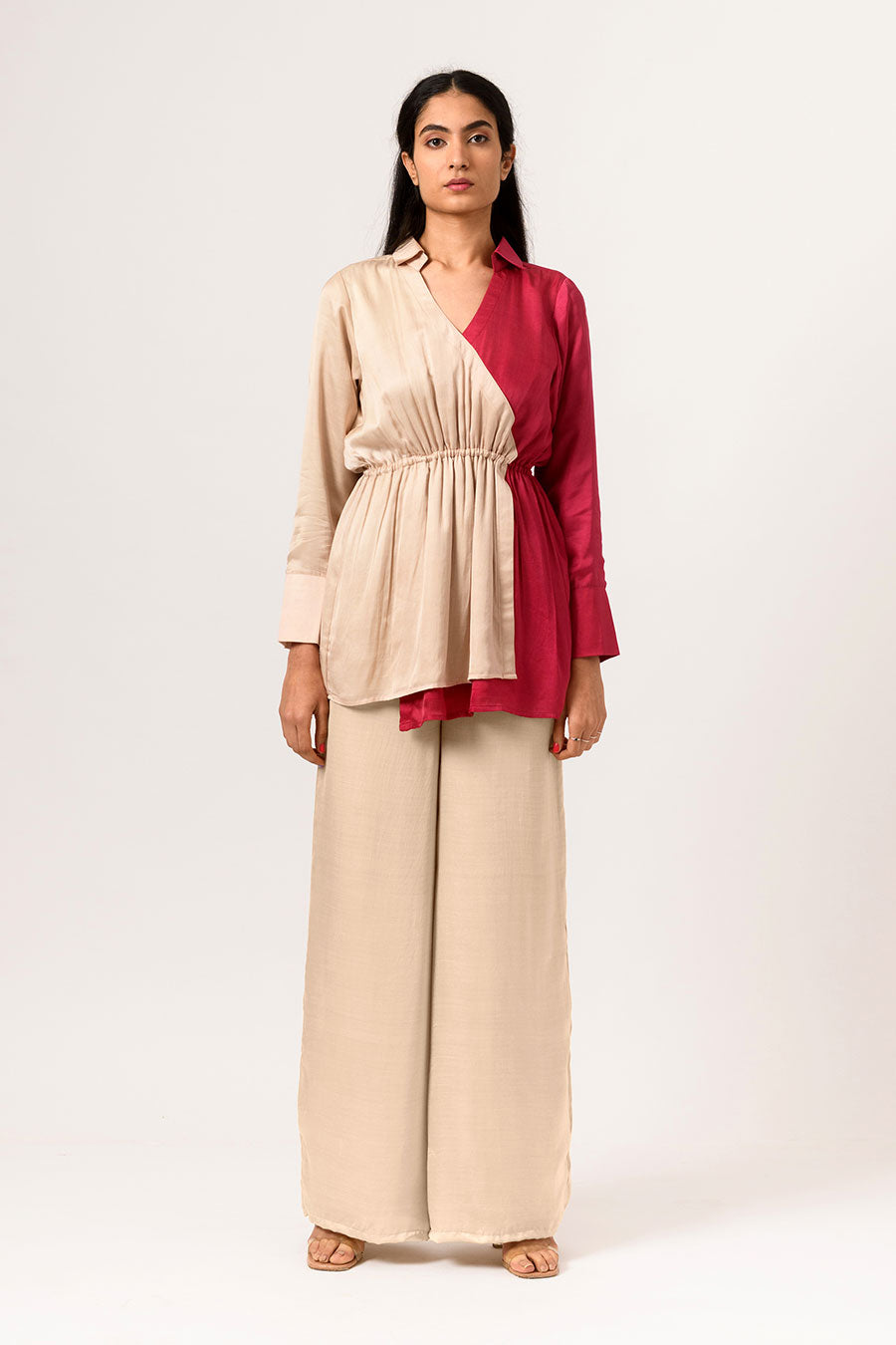 Ecru-Wine Half-n-Half Wrap Top