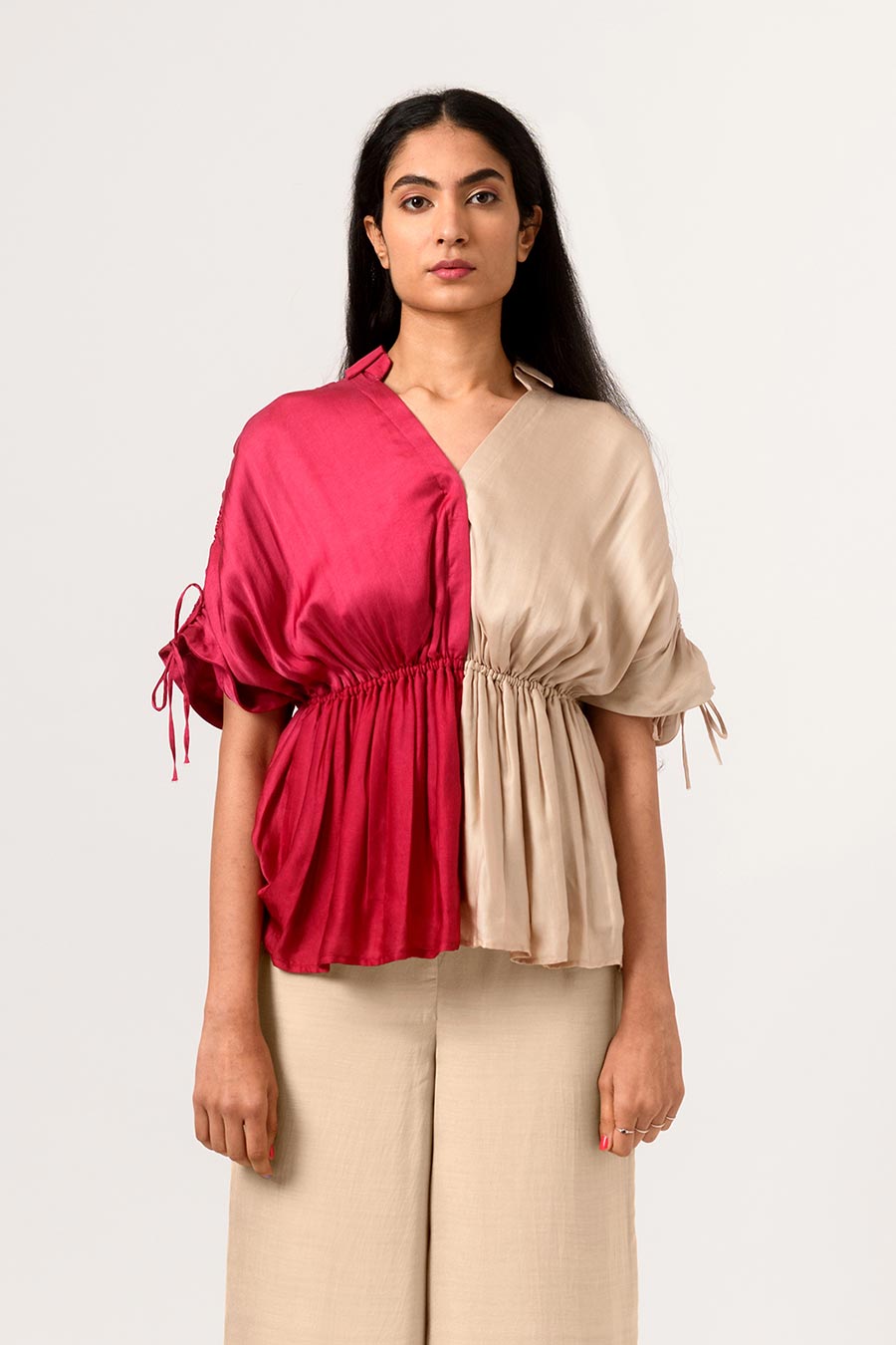 Wine-Ecru Half-n-Half Gathered Top