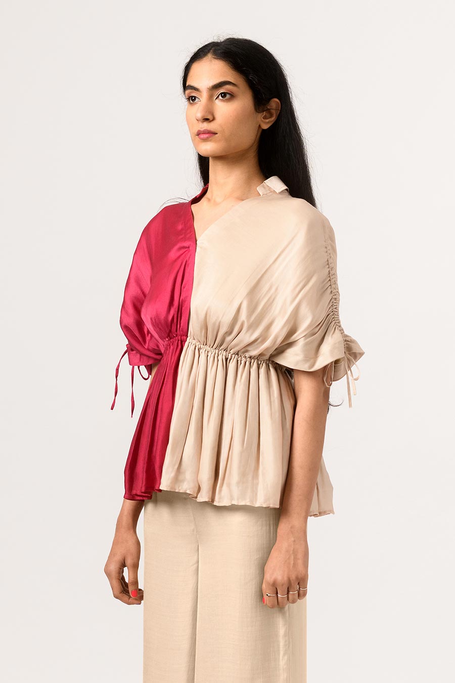 Wine-Ecru Half-n-Half Gathered Top