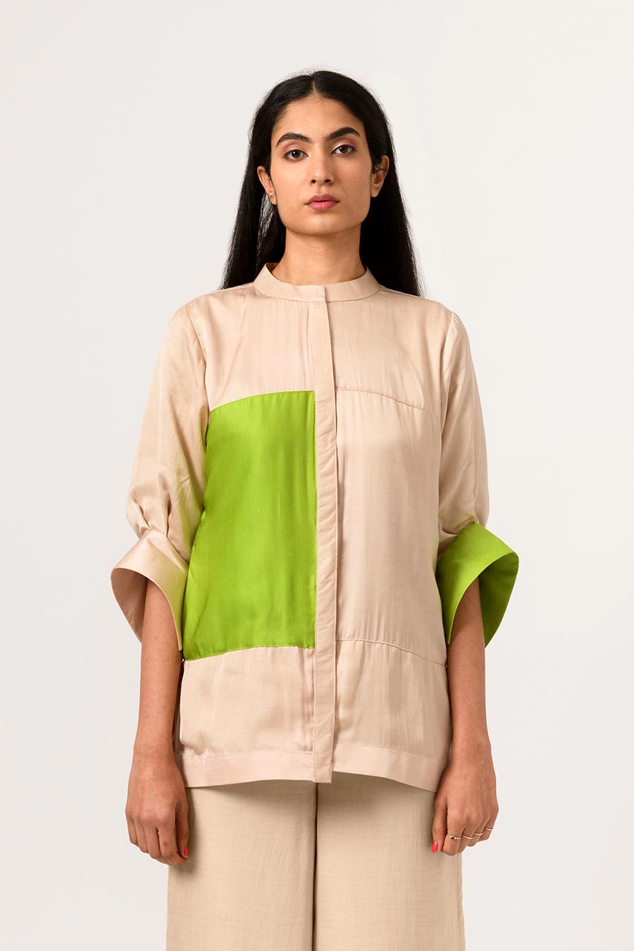 Ecru-Green Colour Block Panel Top