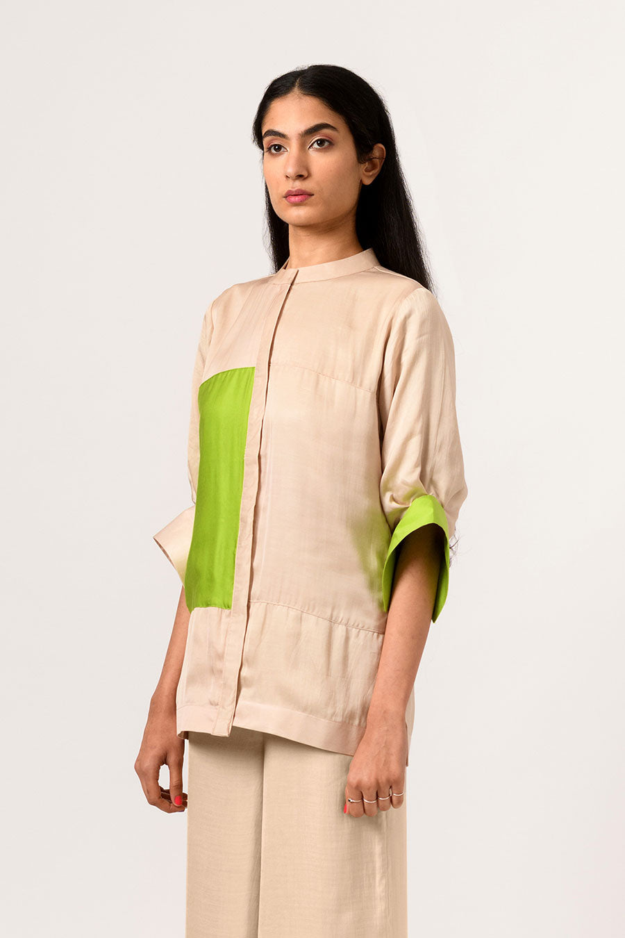 Ecru-Green Colour Block Panel Top