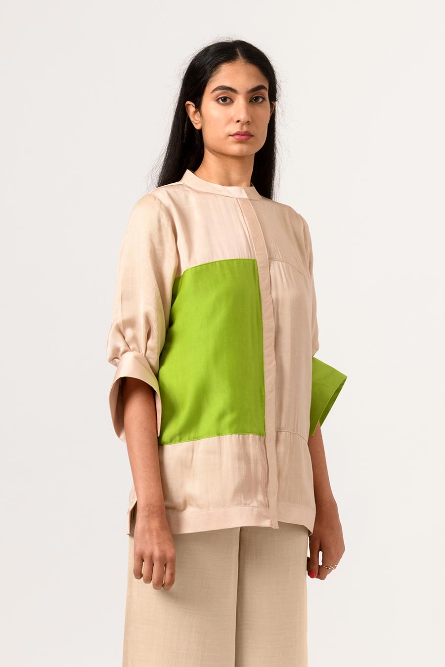 Ecru-Green Colour Block Panel Top