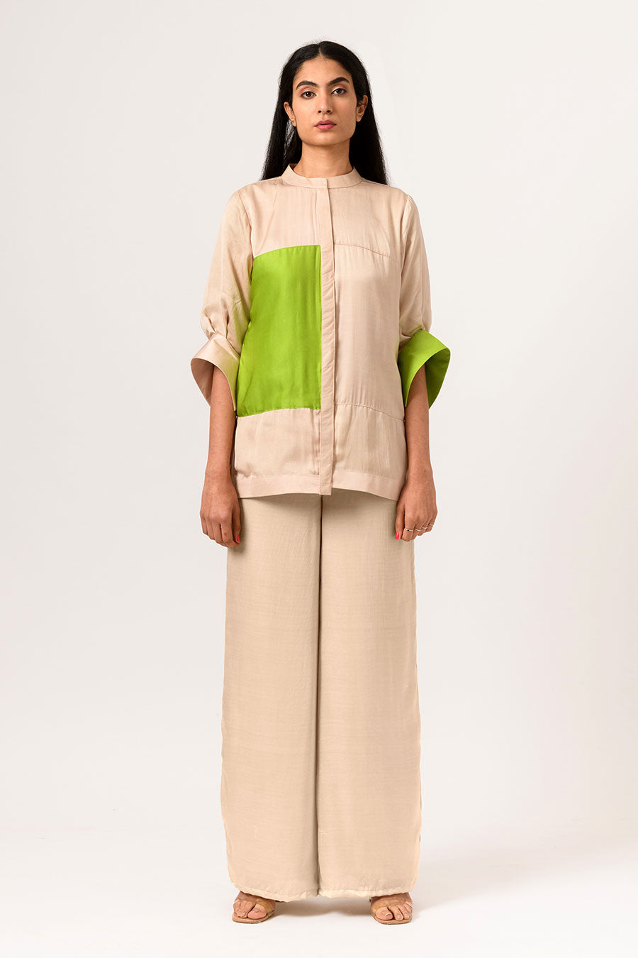 Ecru-Green Colour Block Panel Top