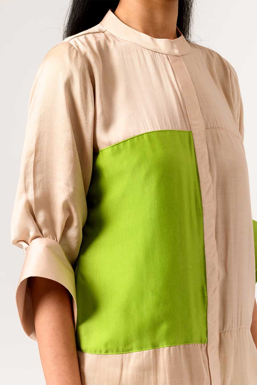 Ecru-Green Colour Block Panel Top