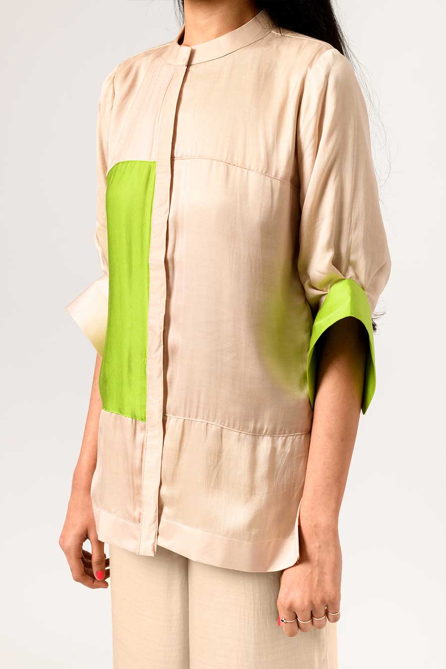 Ecru-Green Colour Block Panel Top