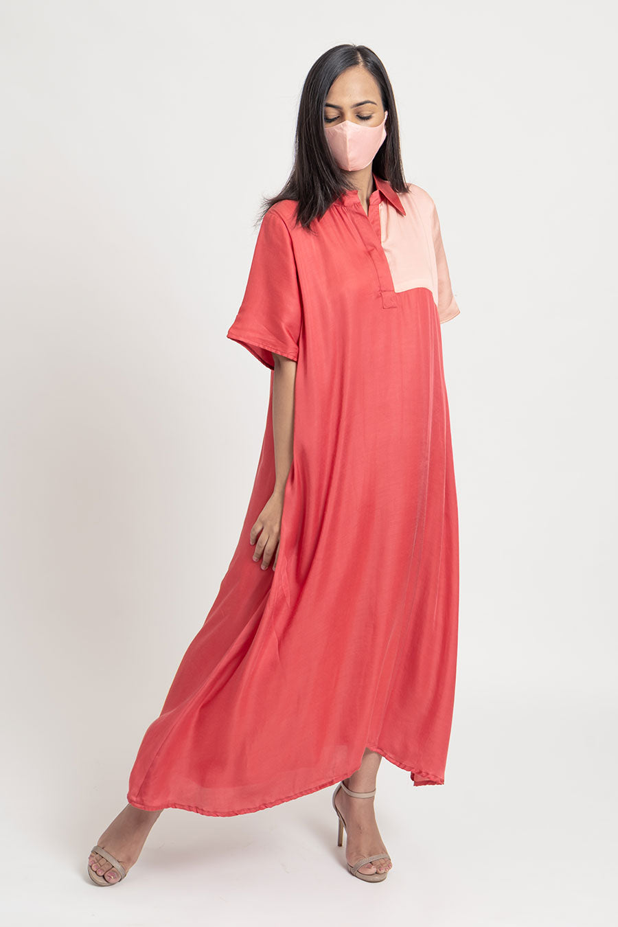Coral Flared Midi Dress with Mask