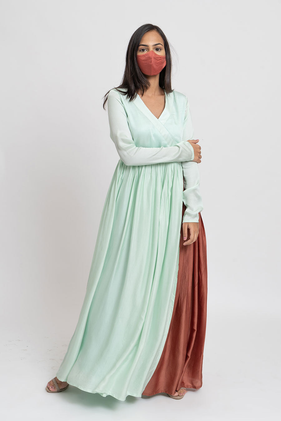Tea Green & Caramel Angrakha Dress
