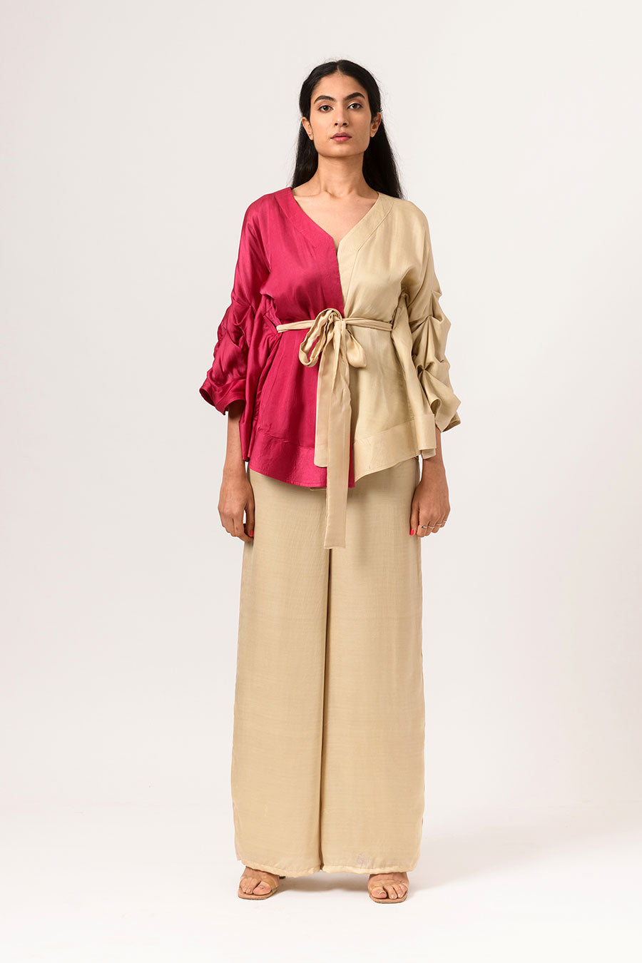 Wine-Ecru Half-n-Half Cape Co-Ord Set