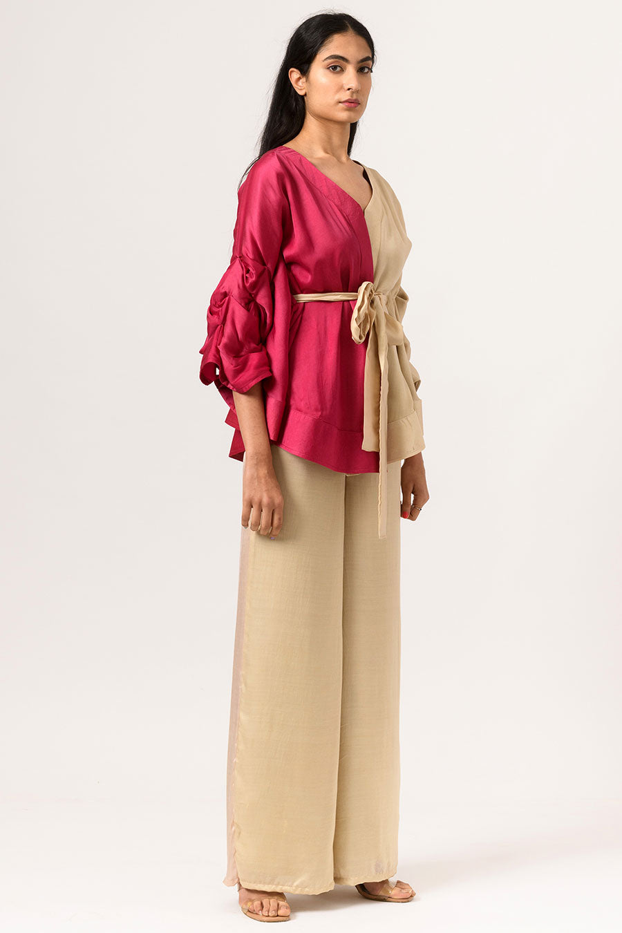 Wine-Ecru Half-n-Half Cape Co-Ord Set