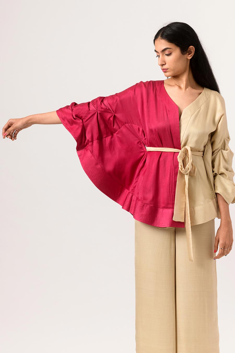 Wine-Ecru Half-n-Half Cape Co-Ord Set