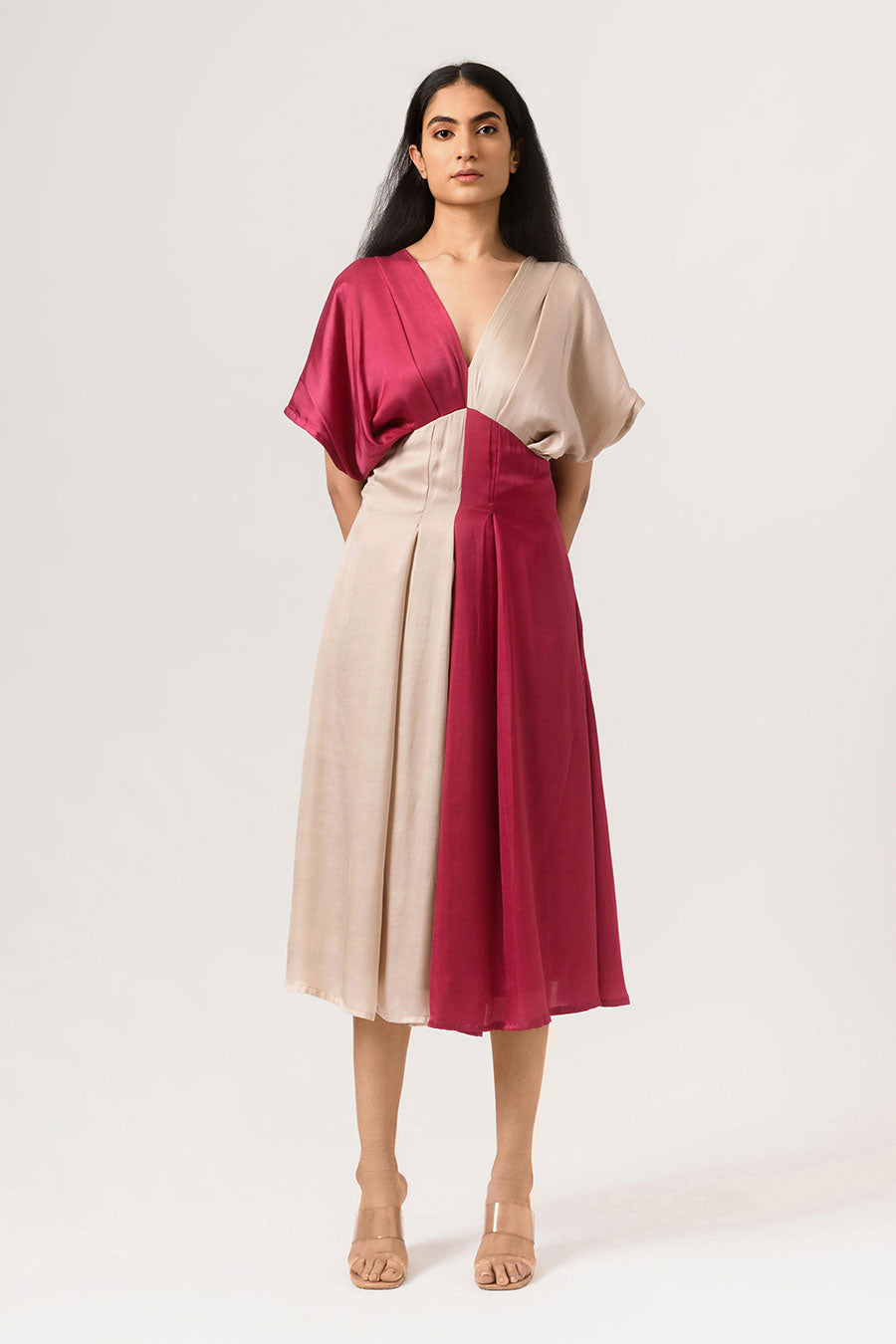 Wine-Ecru Square Panelled Midi Dress