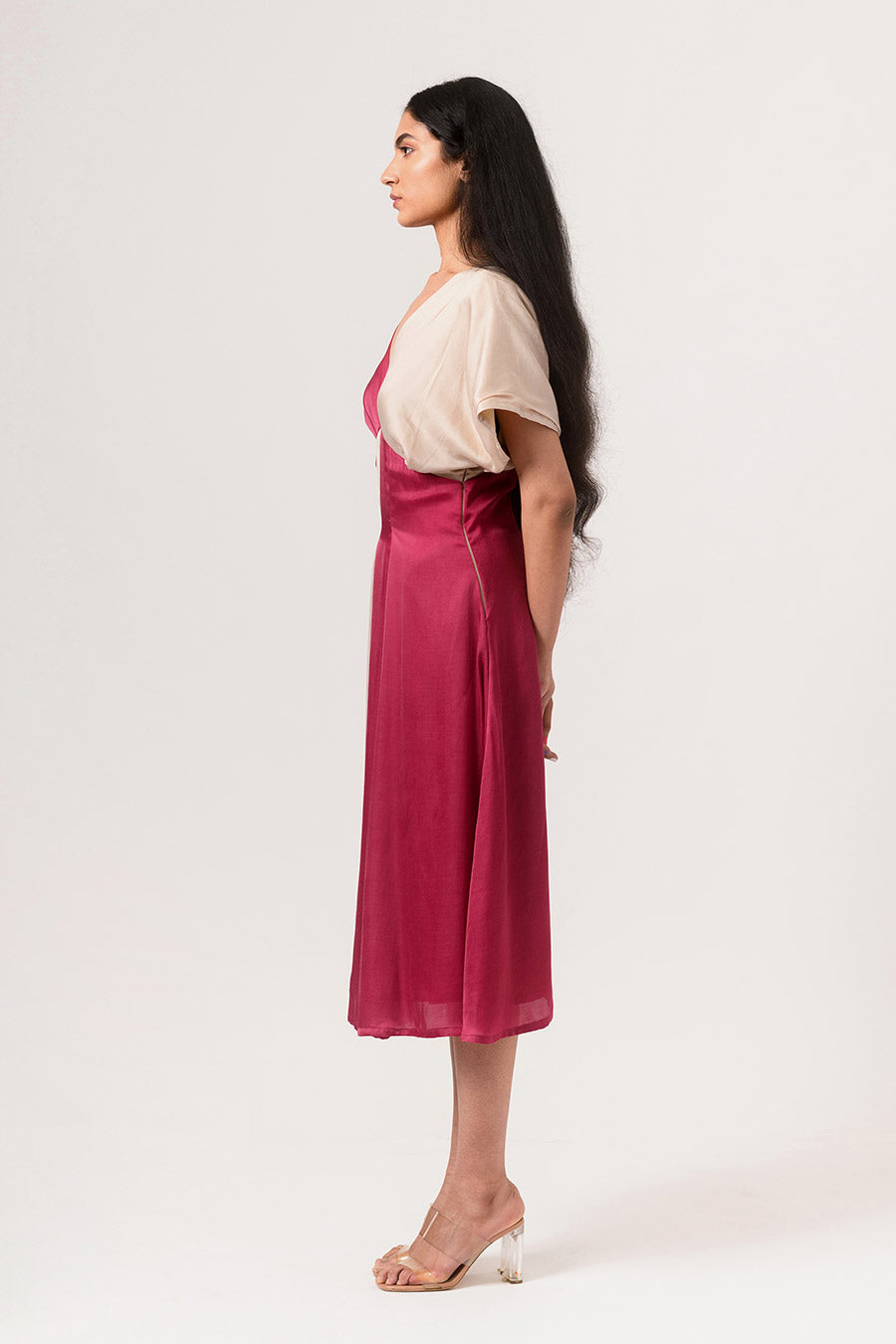 Wine-Ecru Square Panelled Midi Dress