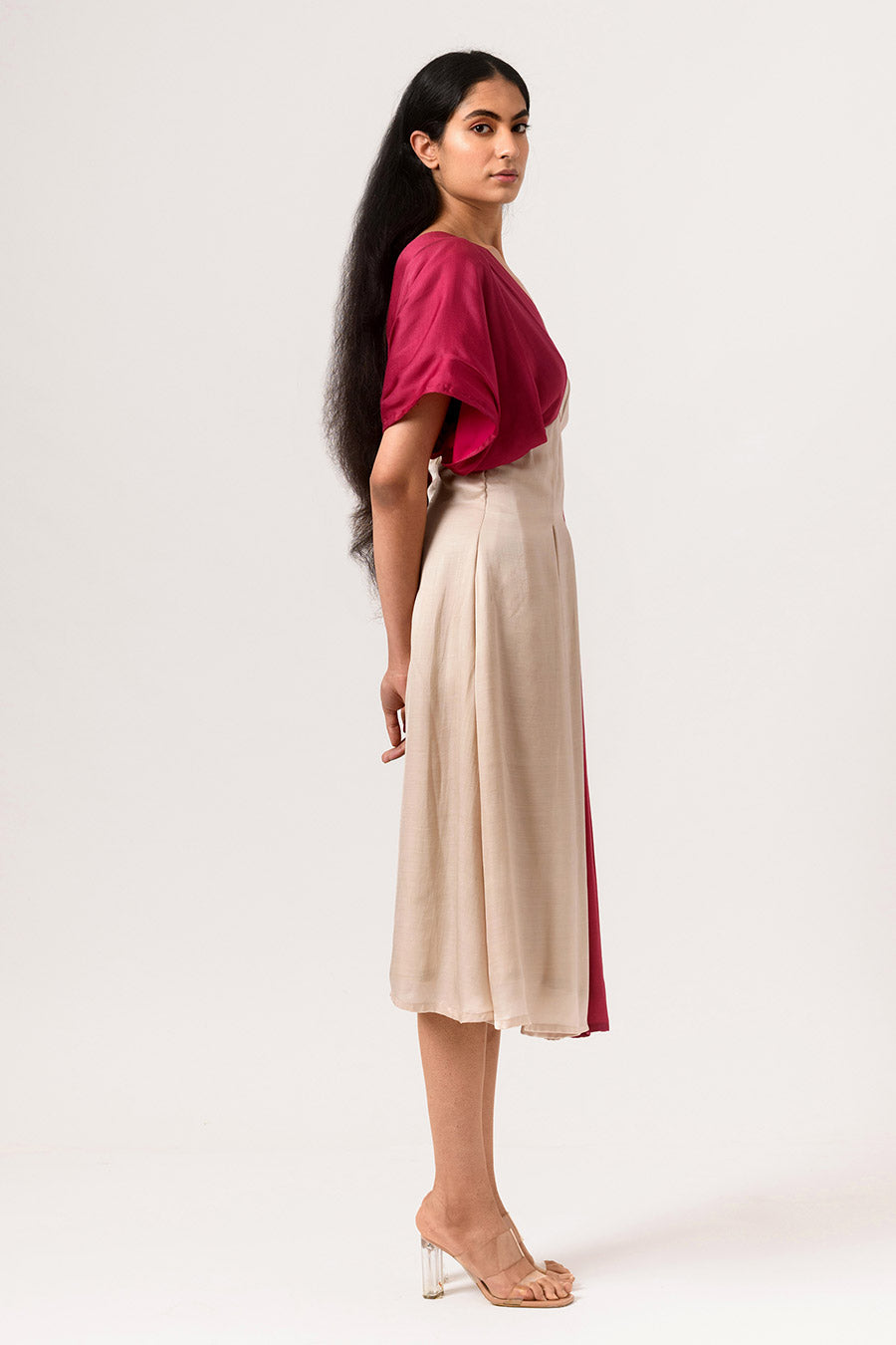 Wine-Ecru Square Panelled Midi Dress