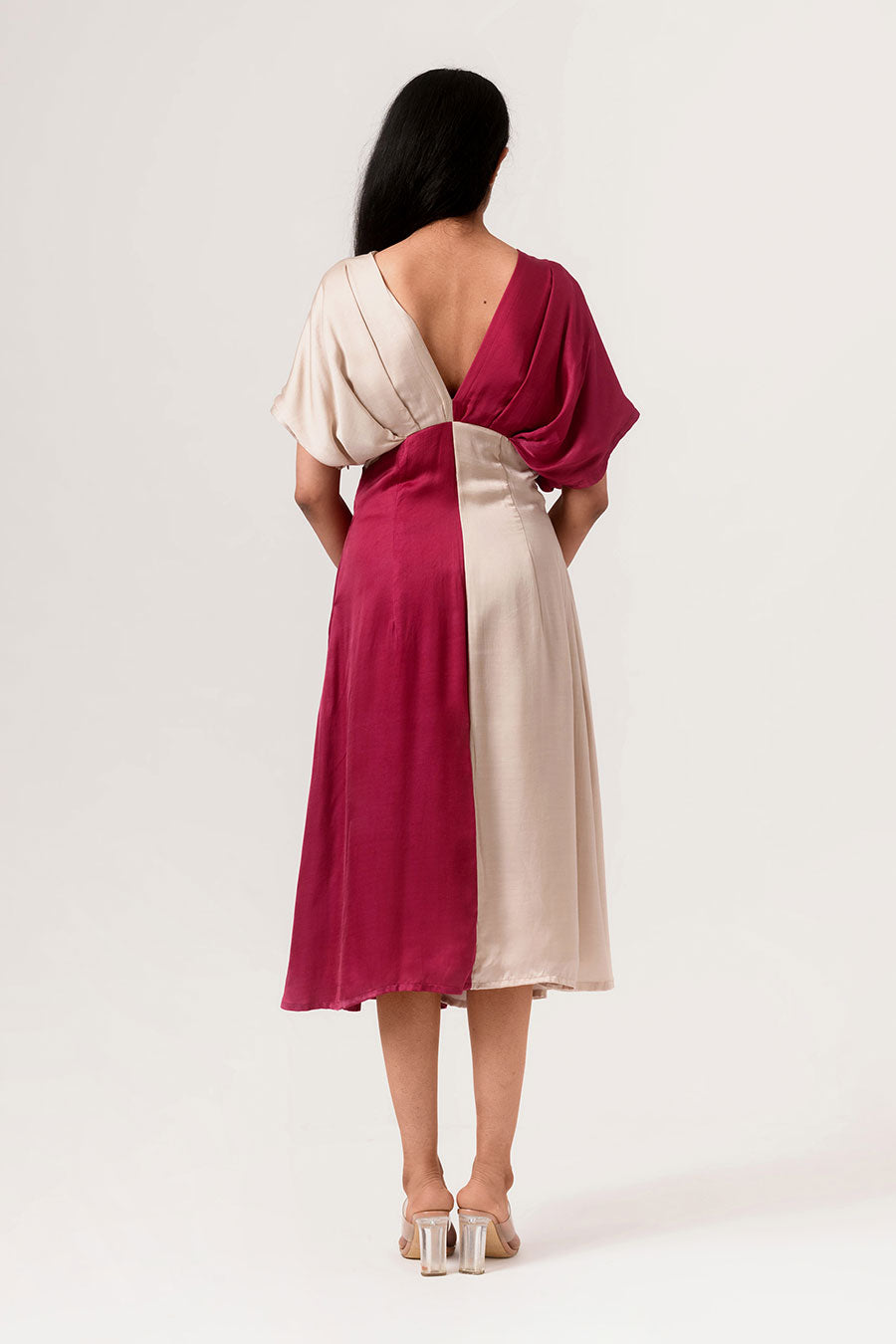 Wine-Ecru Square Panelled Midi Dress