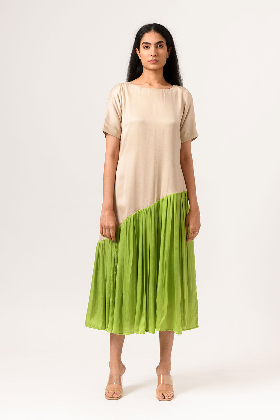 Ecru-Green Gathered Midi Dress