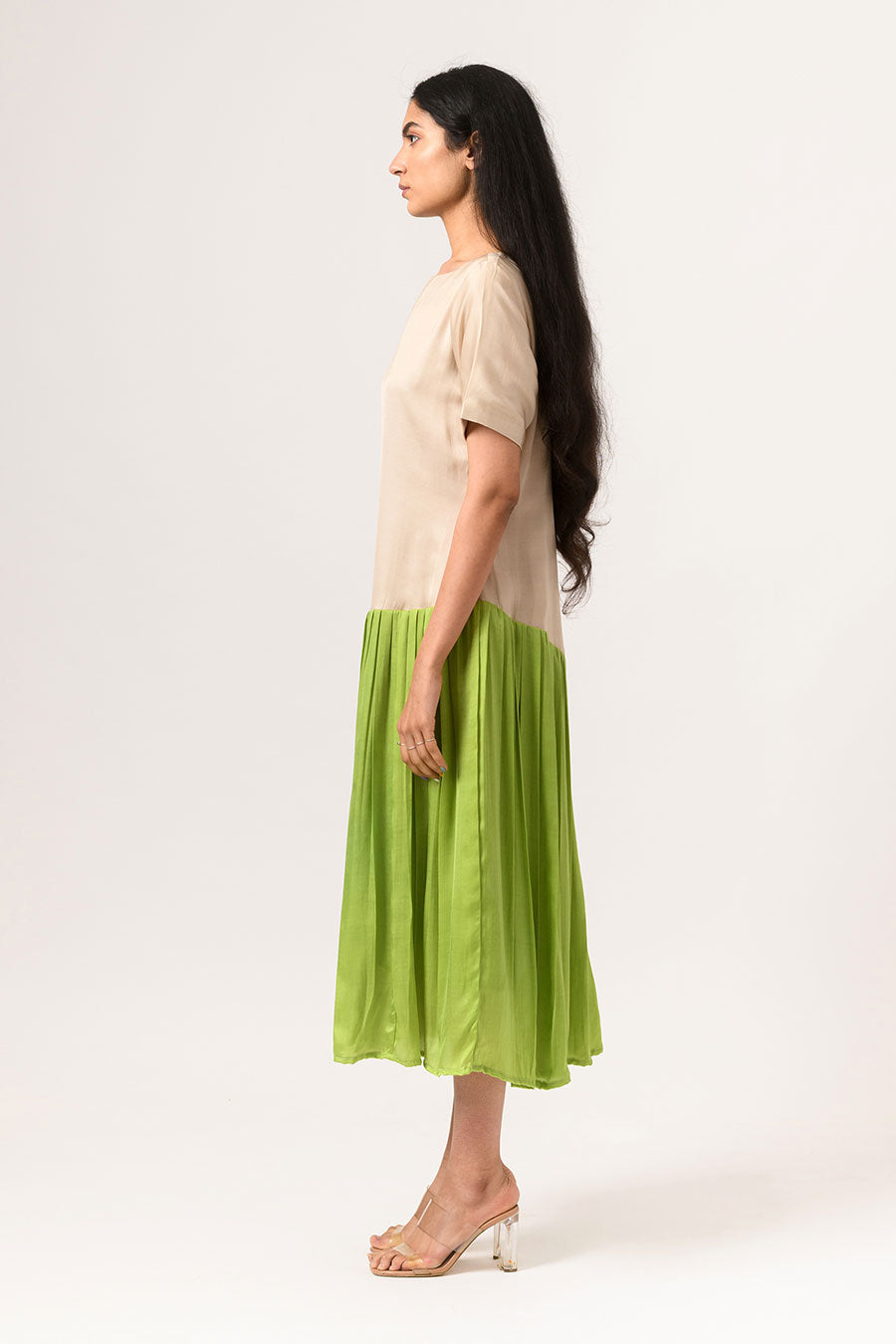 Ecru-Green Gathered Midi Dress