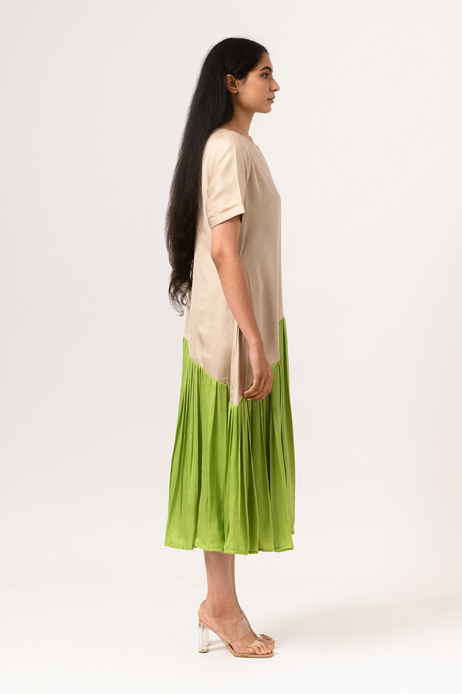 Ecru-Green Gathered Midi Dress