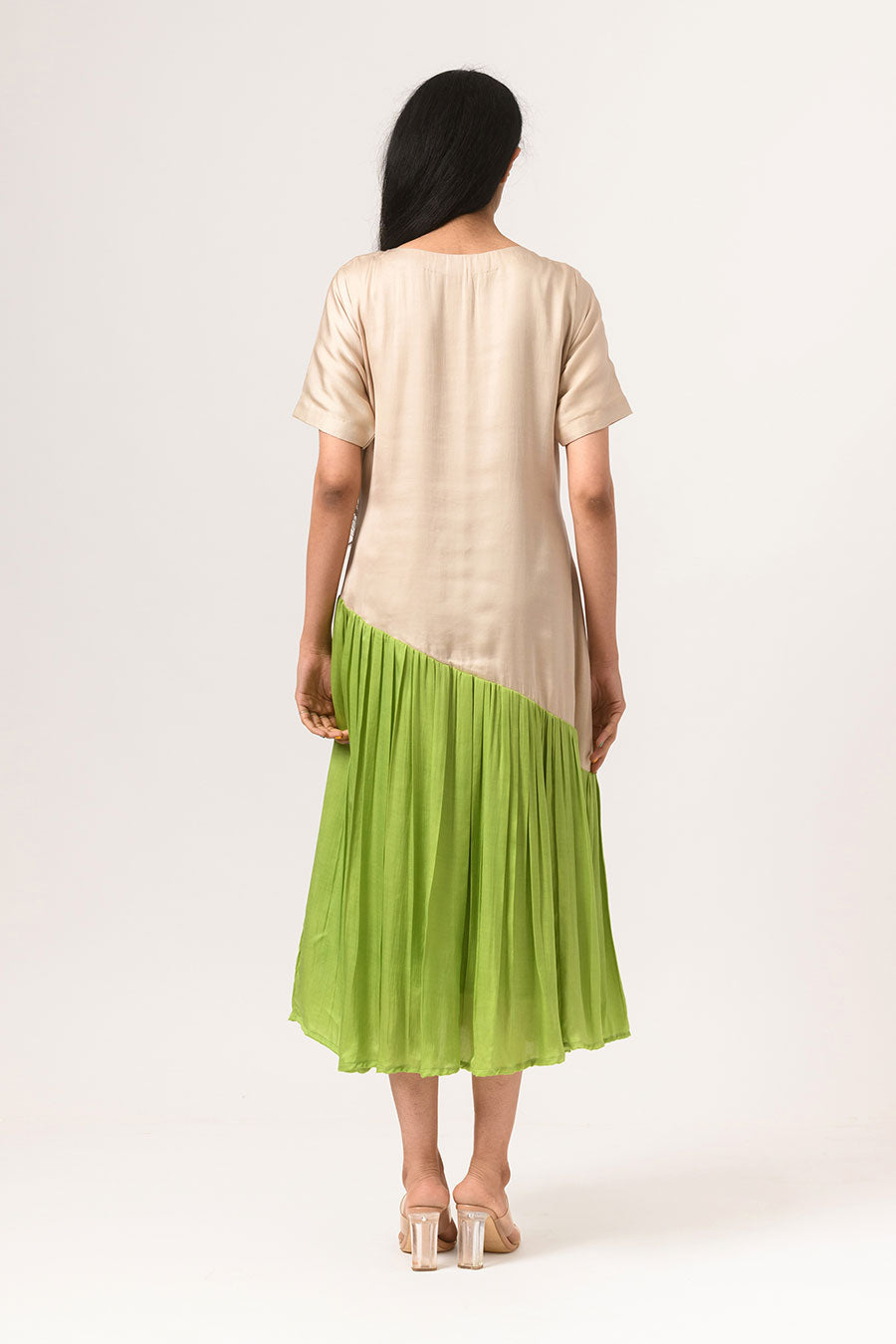 Ecru-Green Gathered Midi Dress