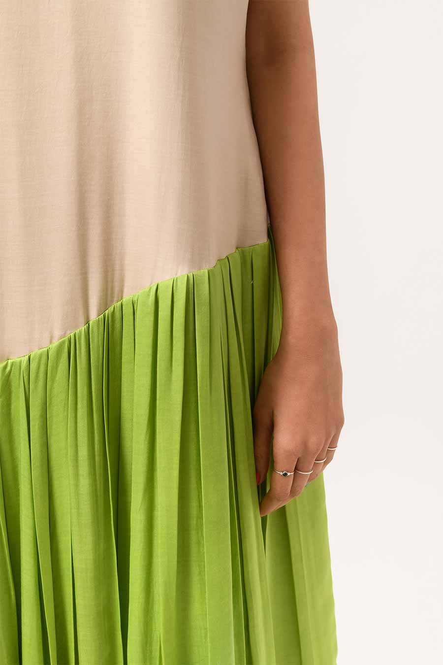 Ecru-Green Gathered Midi Dress