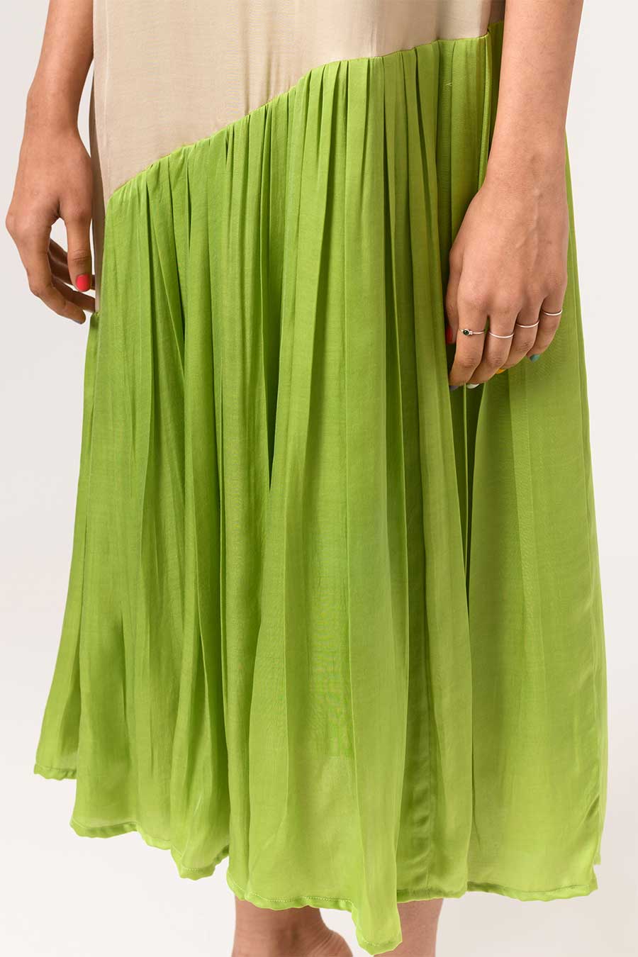 Ecru-Green Gathered Midi Dress