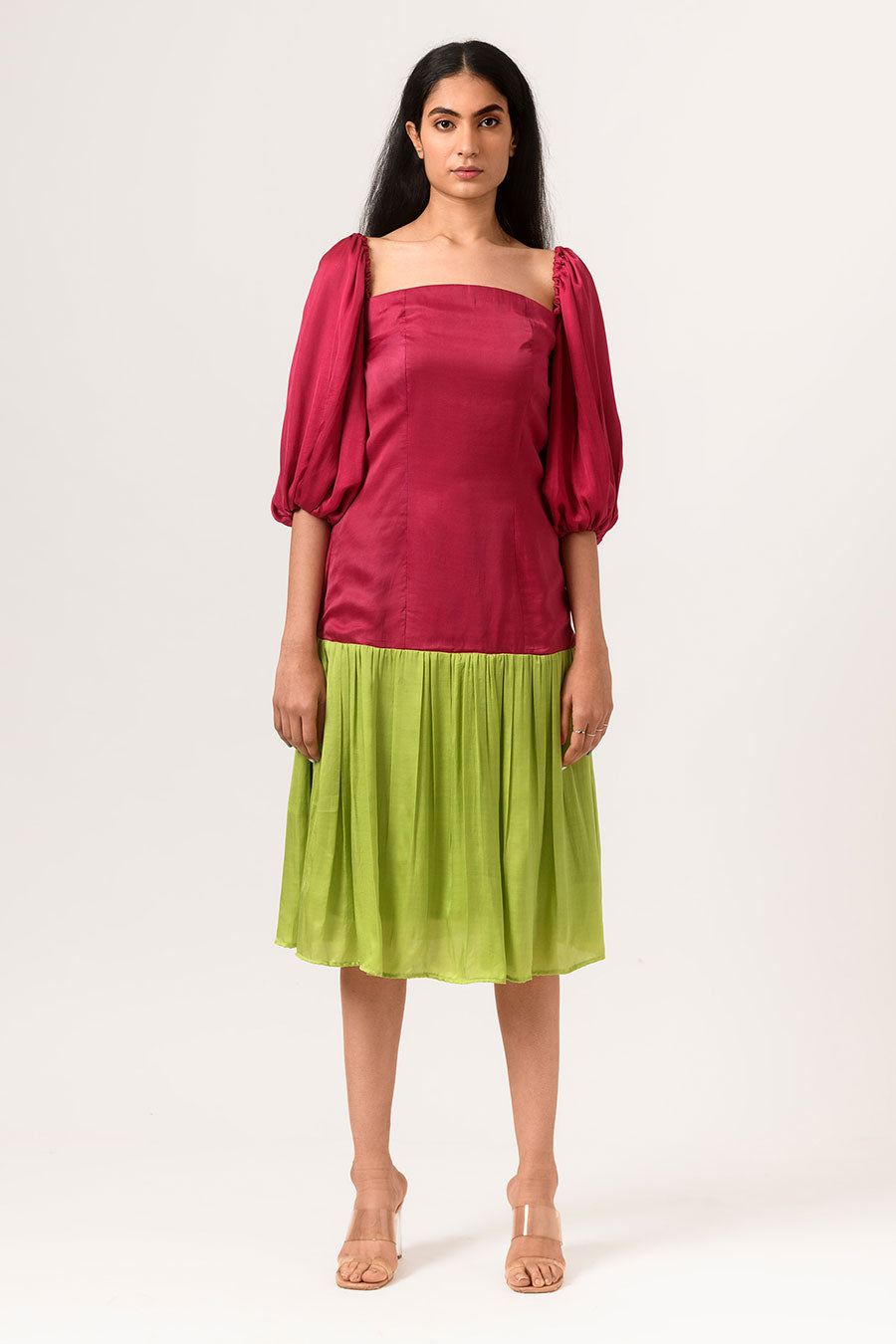 Wine-Green Gathered Midi Dress