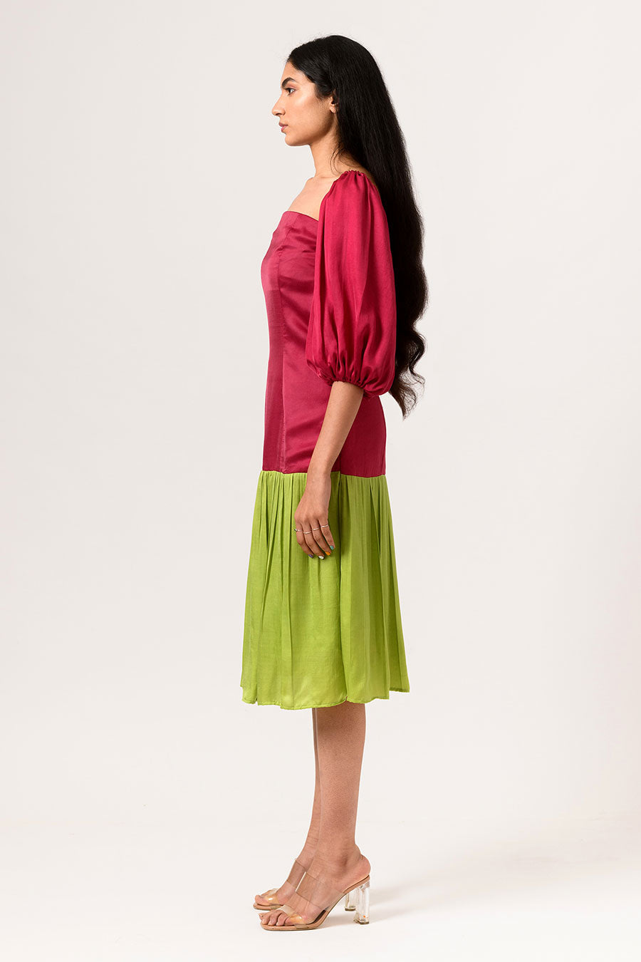 Wine-Green Gathered Midi Dress