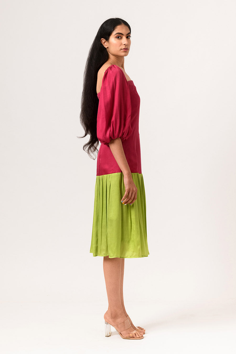 Wine-Green Gathered Midi Dress