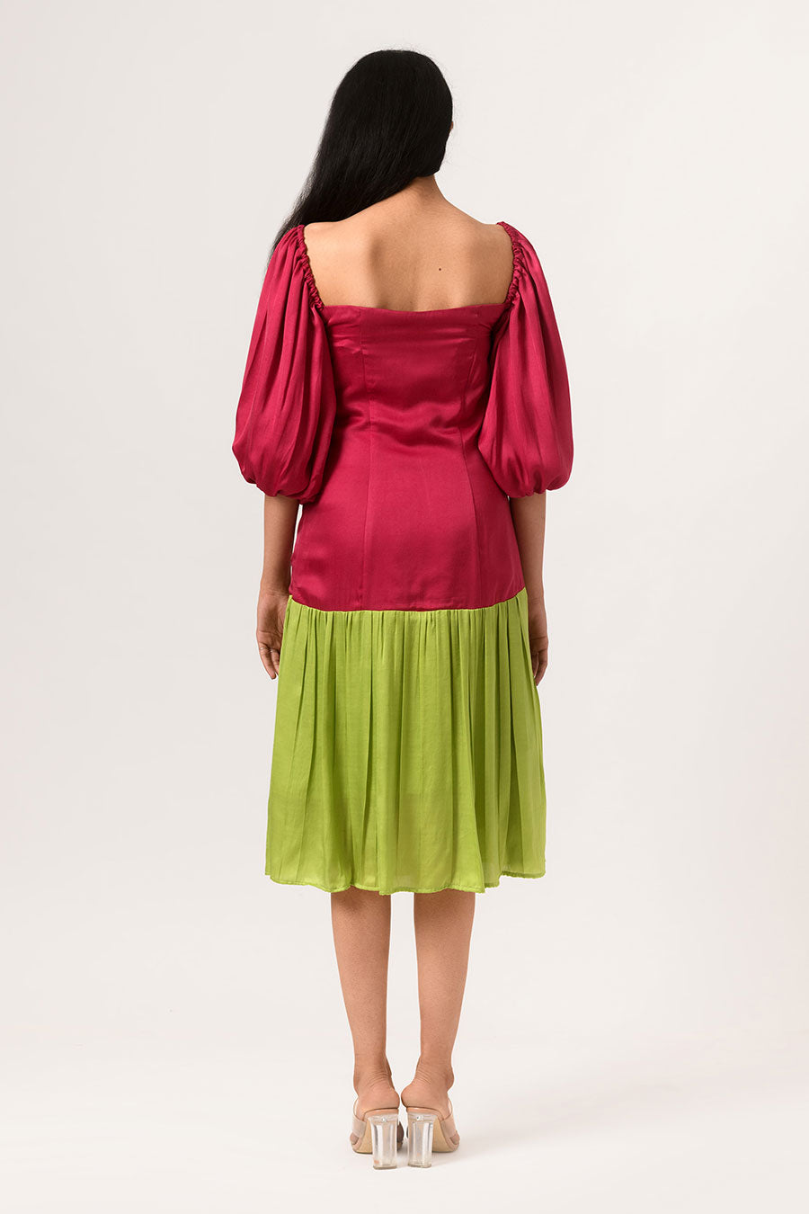 Wine-Green Gathered Midi Dress