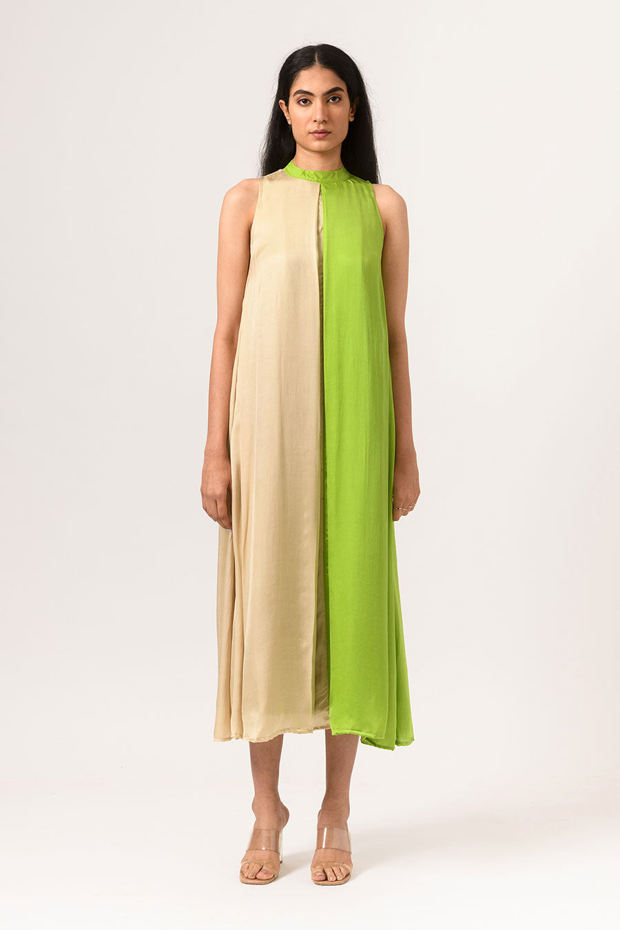 Ecru-Green Halter Neck Dress