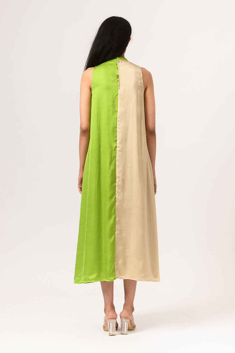 Ecru-Green Halter Neck Dress