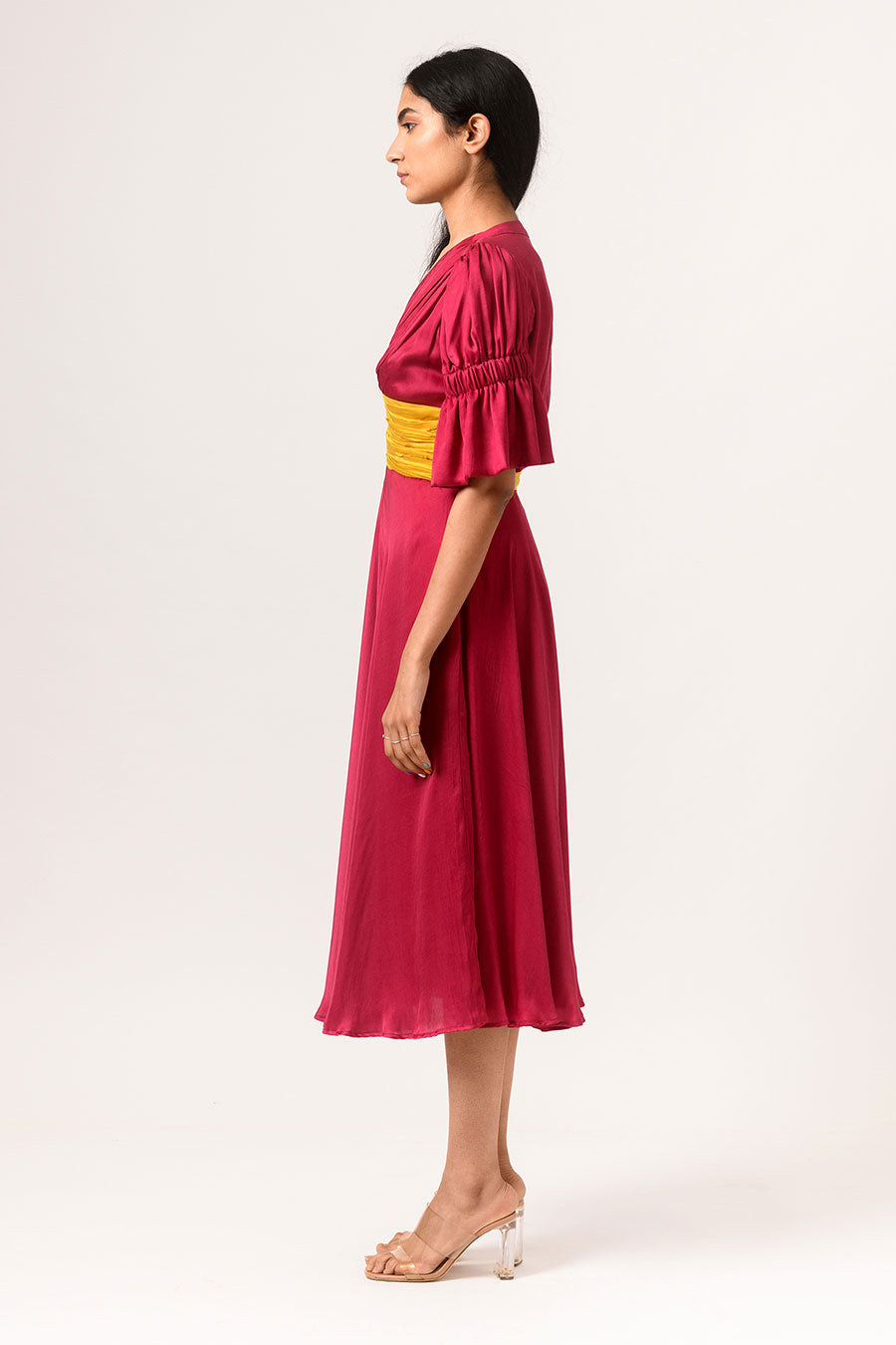 Wine-Yellow Ruching Midi Dress