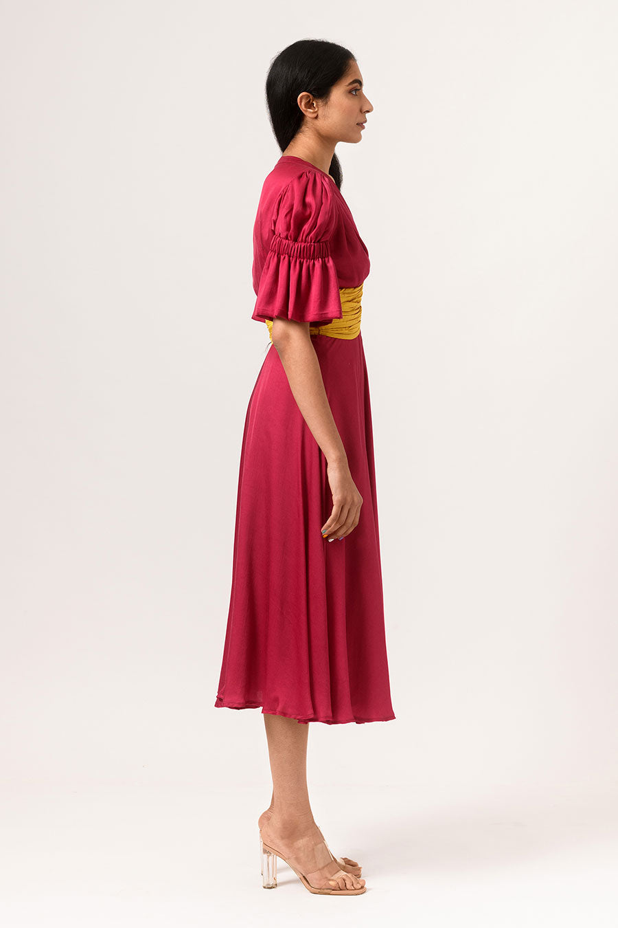 Wine-Yellow Ruching Midi Dress