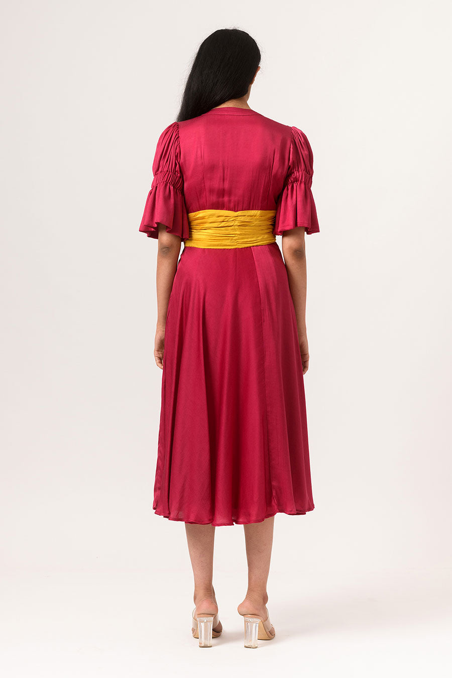 Wine-Yellow Ruching Midi Dress