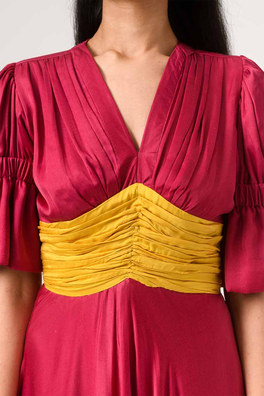 Wine-Yellow Ruching Midi Dress
