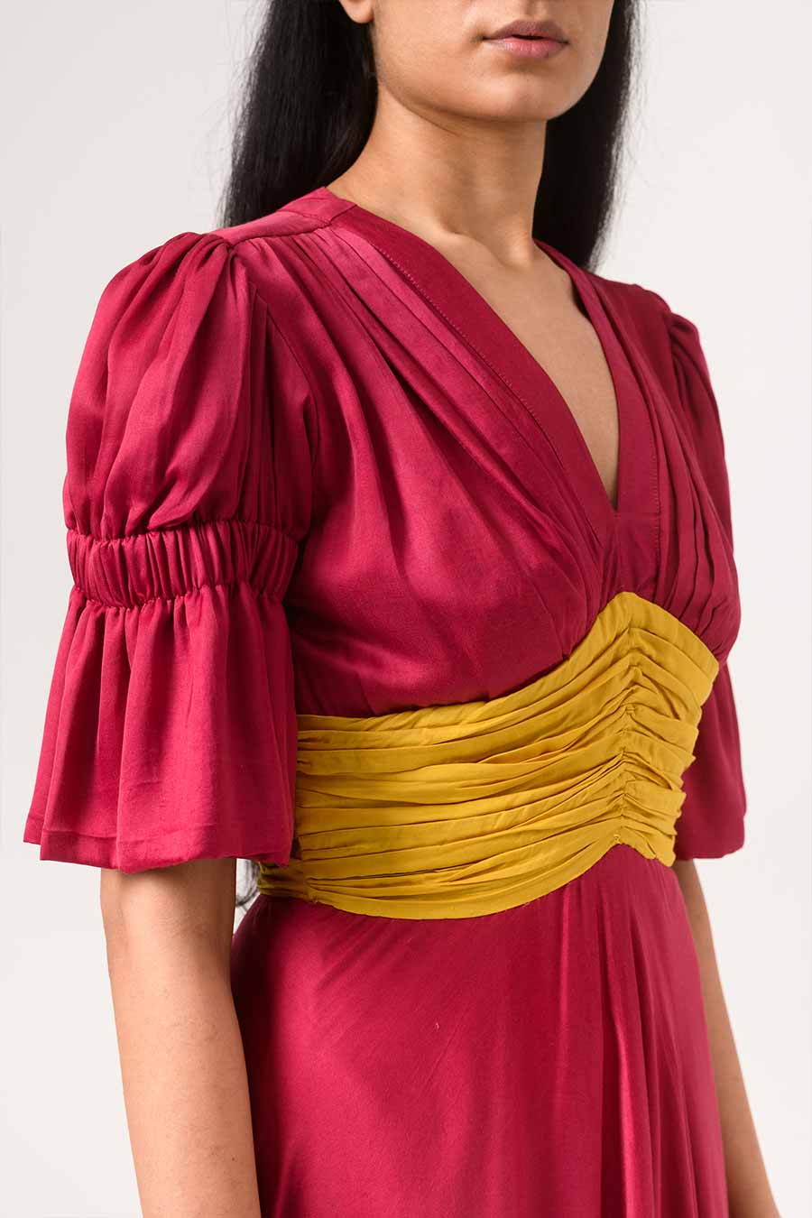 Wine-Yellow Ruching Midi Dress