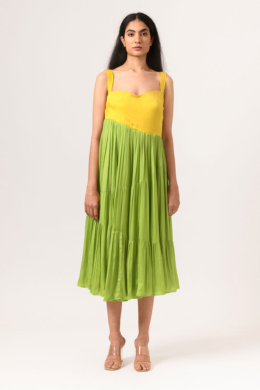 Yellow-Green Asymmetric Gathered Dress