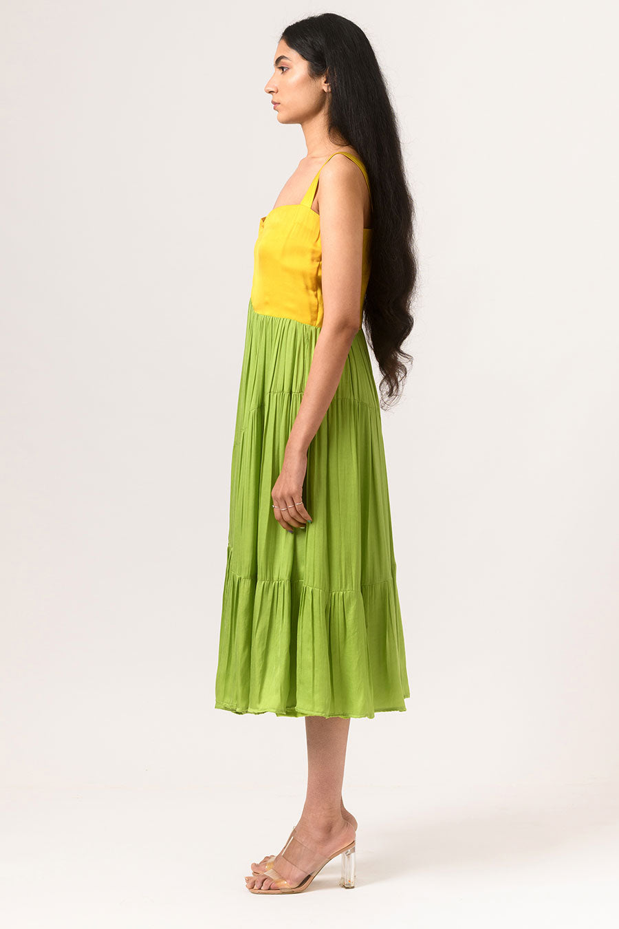Yellow-Green Asymmetric Gathered Dress