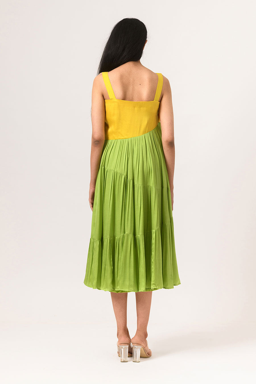 Yellow-Green Asymmetric Gathered Dress