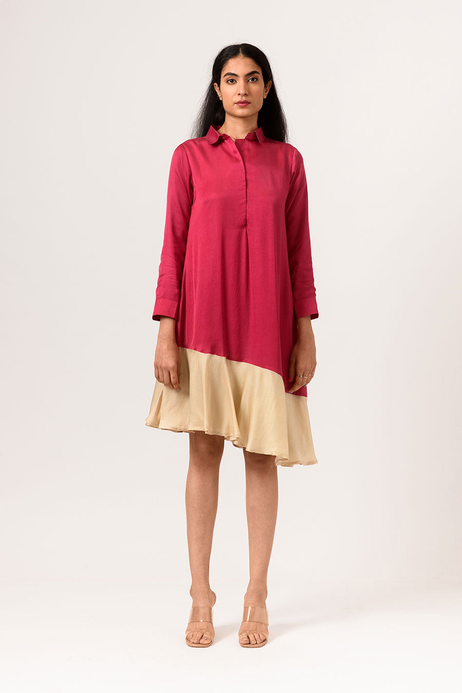 Wine-Ecru Asymmetric Shirt Dress