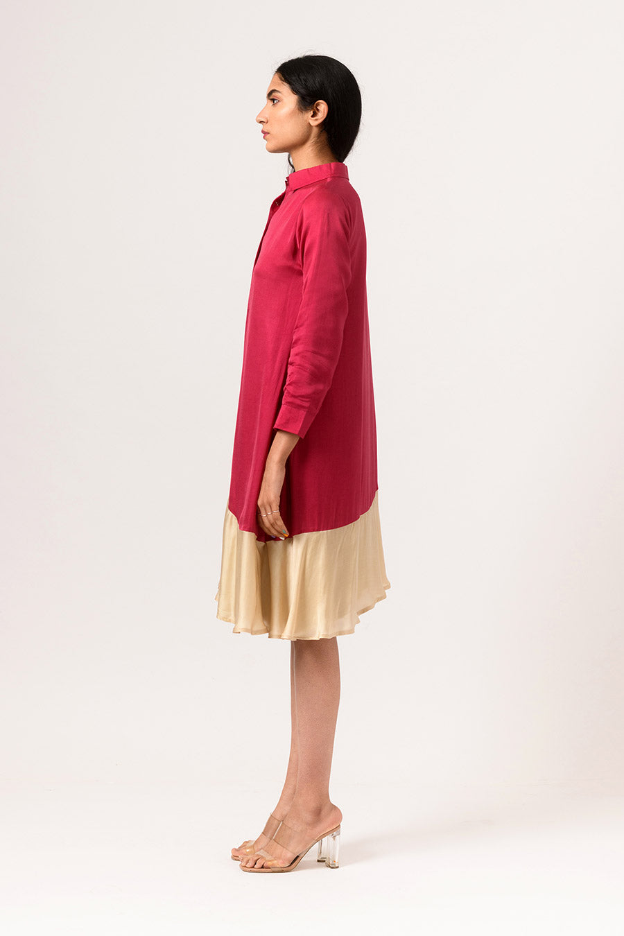 Wine-Ecru Asymmetric Shirt Dress