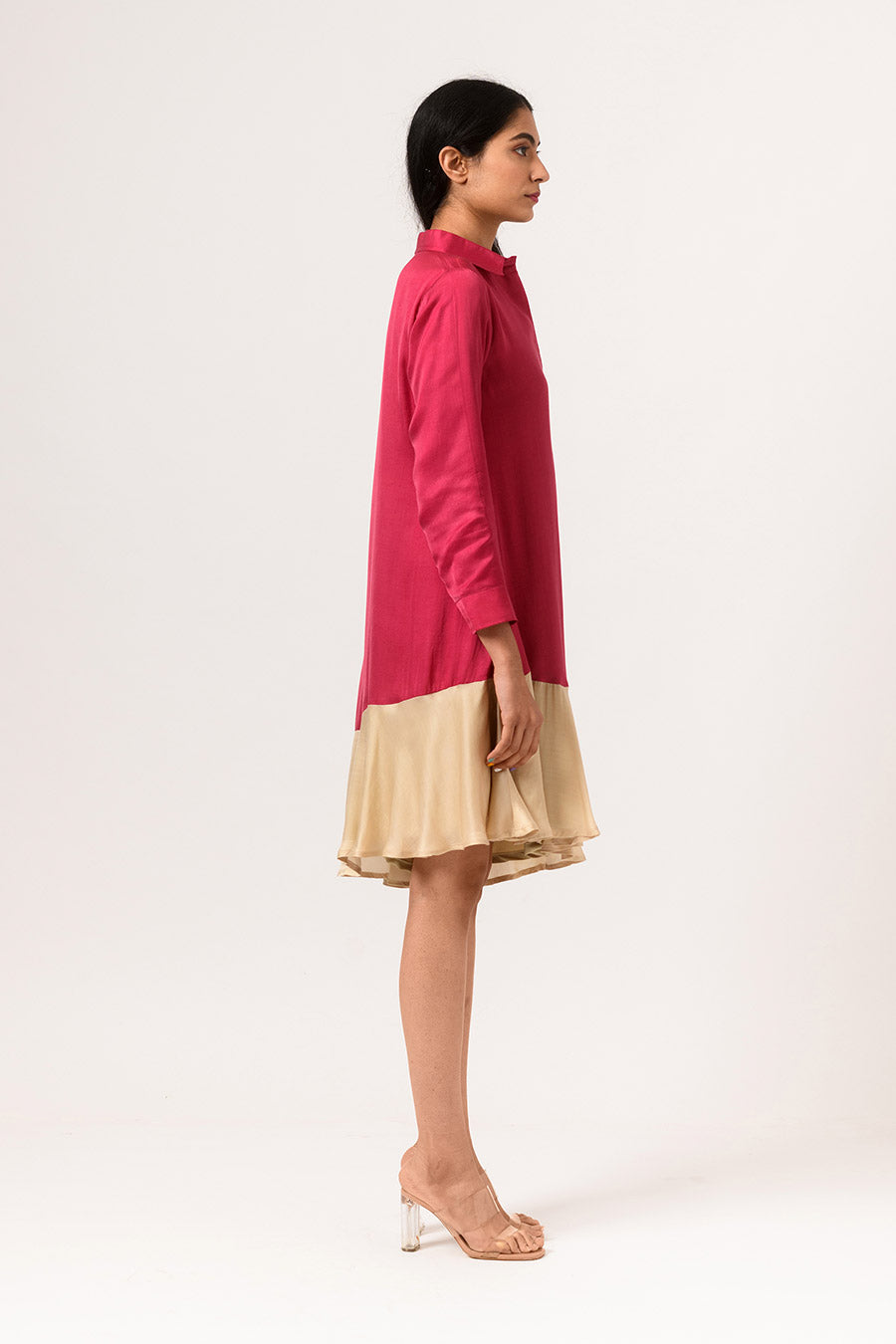 Wine-Ecru Asymmetric Shirt Dress