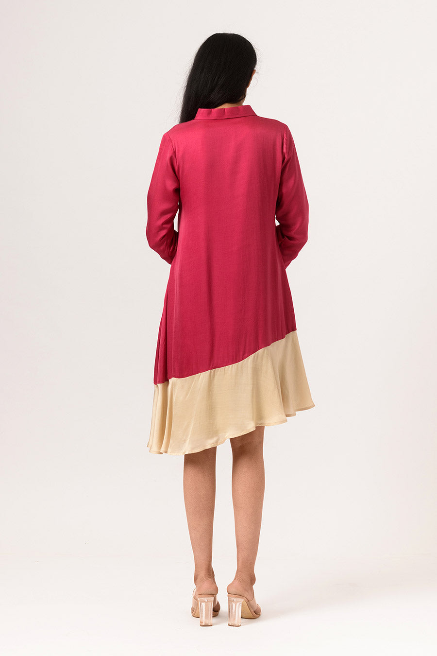 Wine-Ecru Asymmetric Shirt Dress