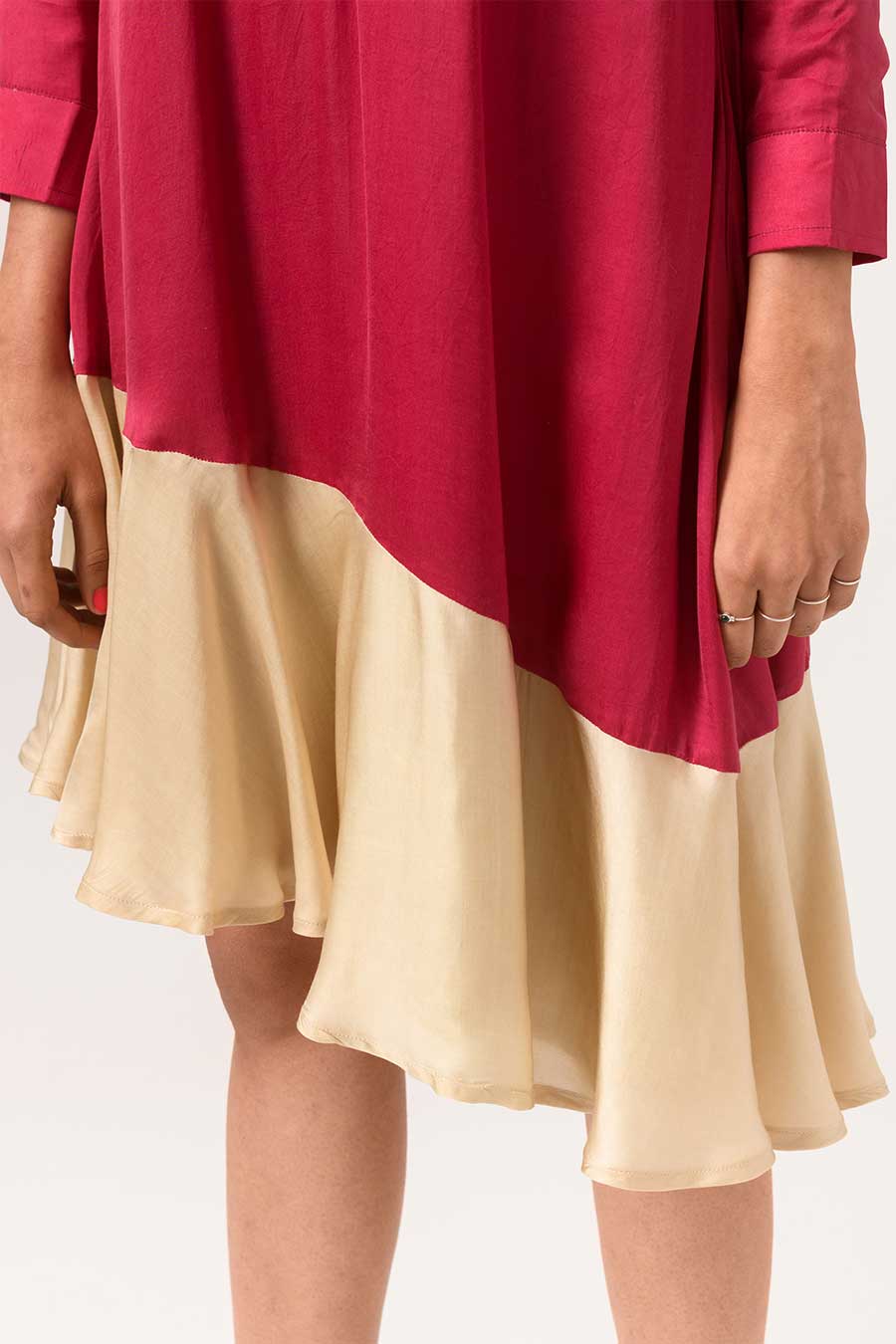 Wine-Ecru Asymmetric Shirt Dress