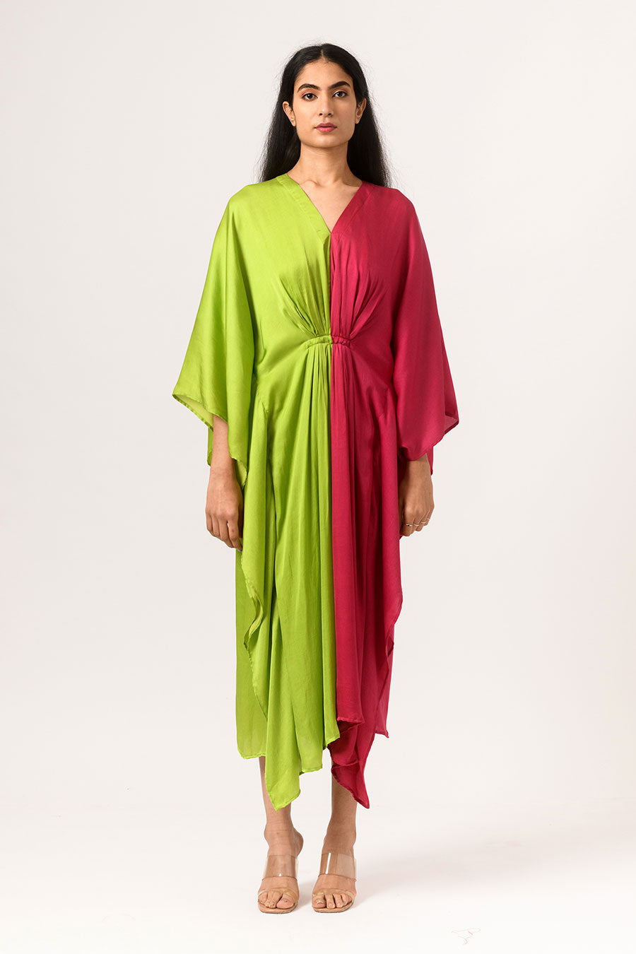 Green-Wine Half-n-Half Kaftan Dress