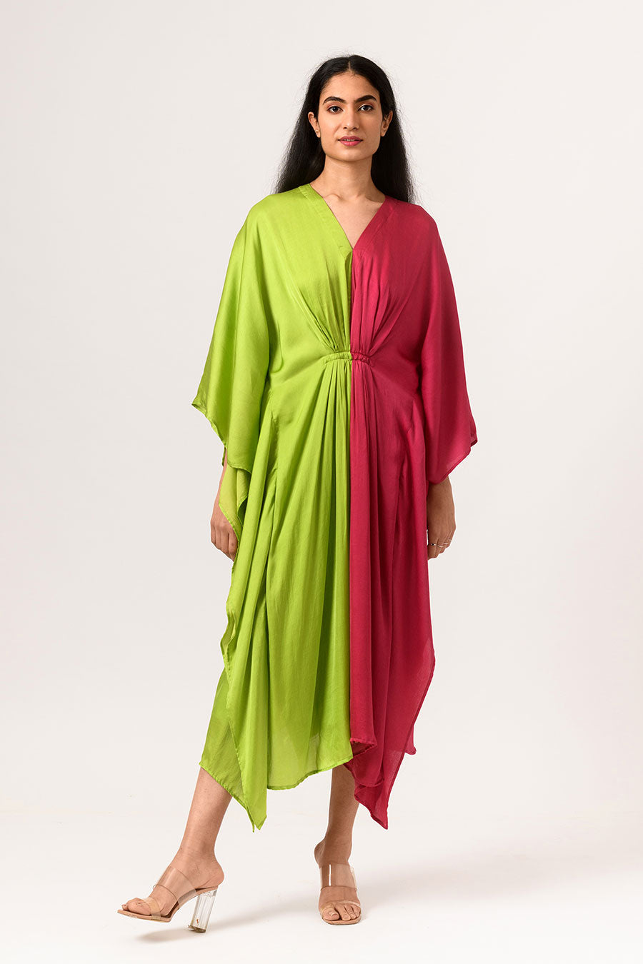 Green-Wine Half-n-Half Kaftan Dress