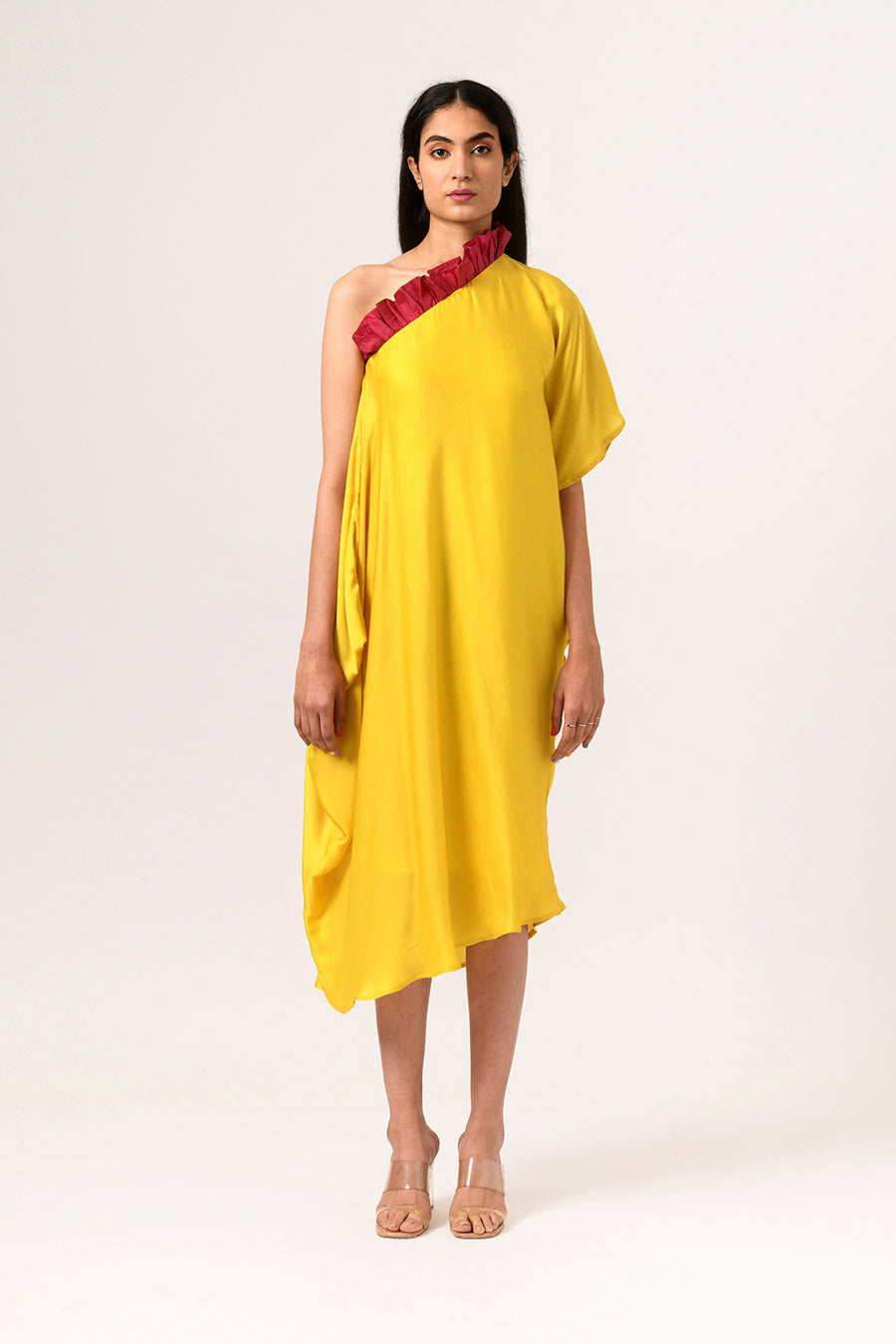 Yellow-Wine One-Shoulder Drape Dress