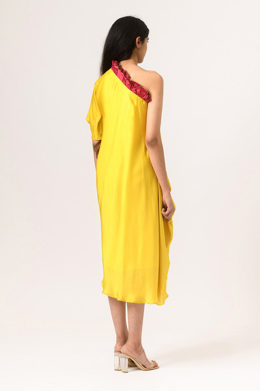 Yellow-Wine One-Shoulder Drape Dress