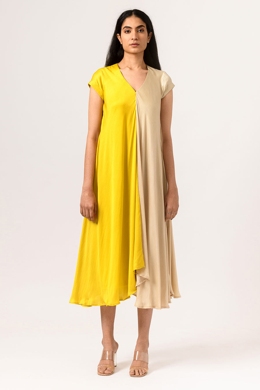 Yellow-Ecru Half-n-Half Midi Dress