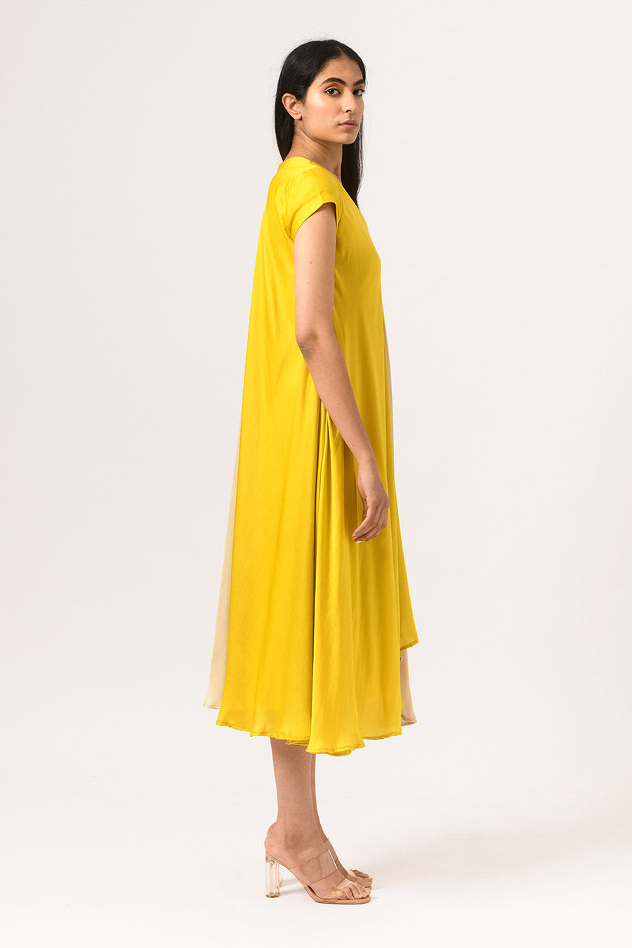 Yellow-Ecru Half-n-Half Midi Dress
