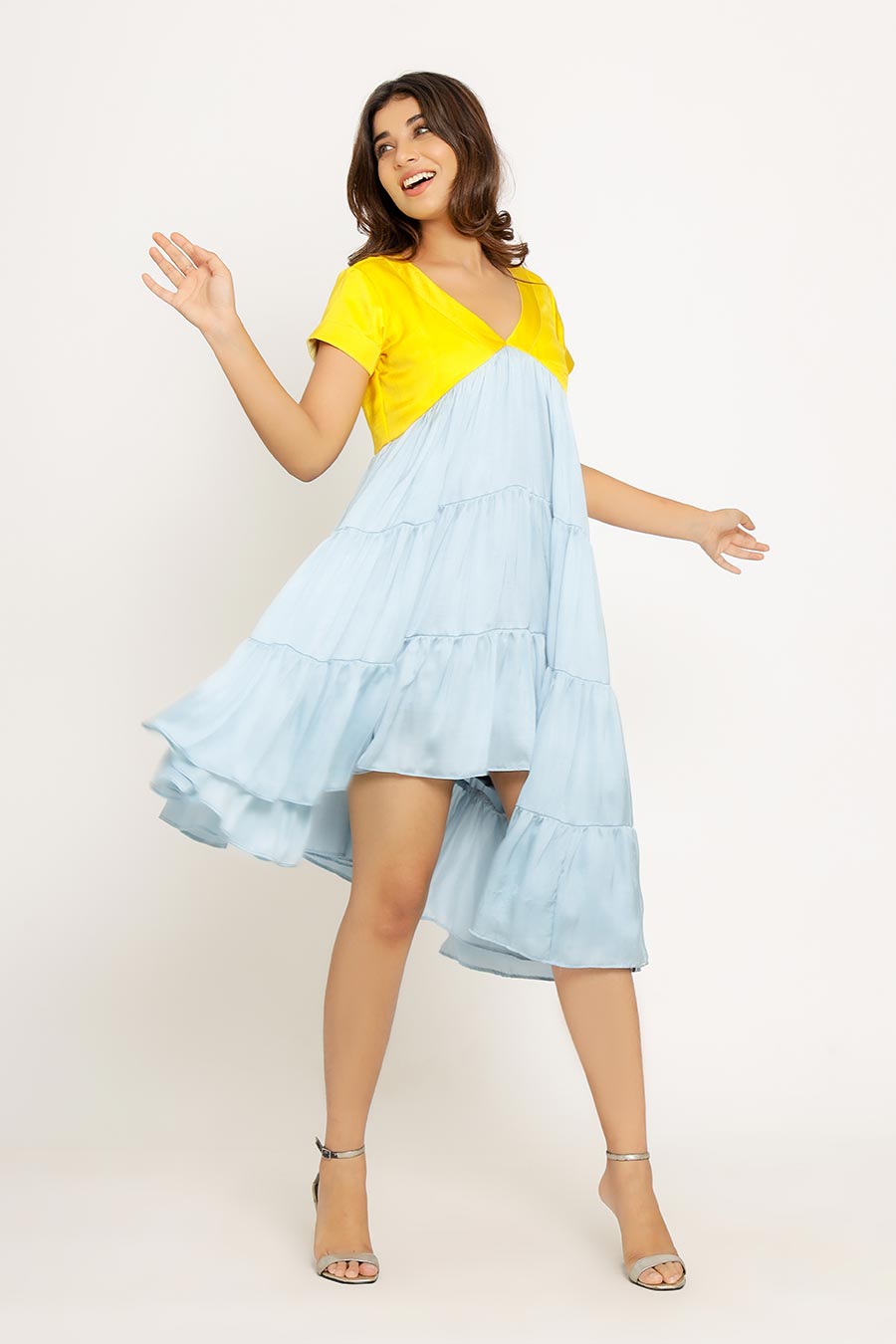 Yellow & Ice Blue Asymmetrical Dress